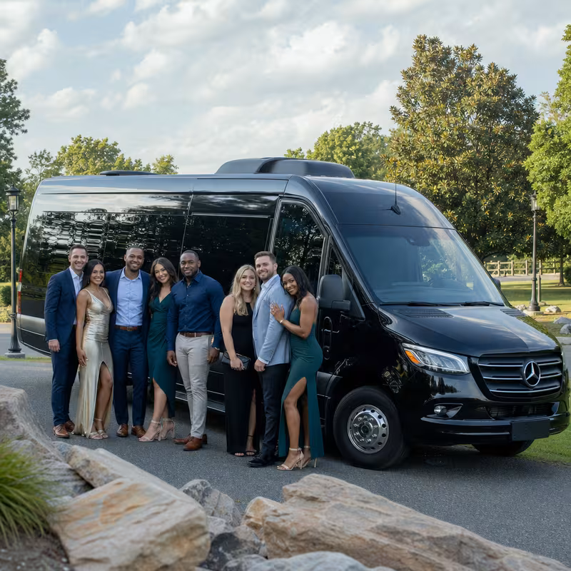 Group beside a Mercedes Sprinter limo from the Charlotte fleet