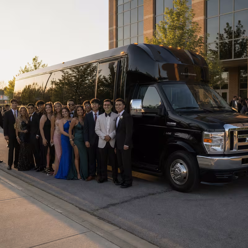 Group boarding a white charter bus for Prom & Homecoming Transportation transportation in Charlotte
