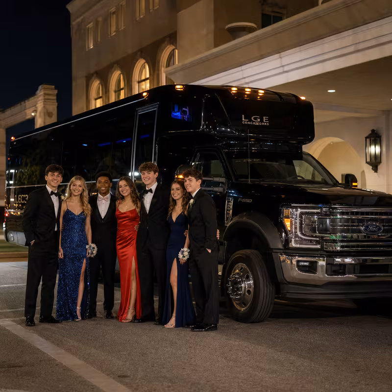Party bus interior with wraparound leather seating and LED lighting in Charlotte